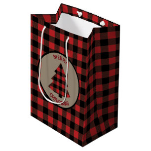 Sacola Para Presentes Média Árvore de Natal vermelha da xadrez do búfalo