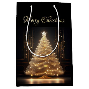 Sacola Para Presentes Média Árvore Dourada de Natal Moderna Elegante