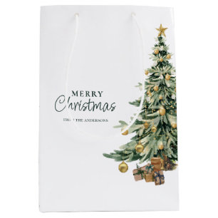 Sacola Para Presentes Média Árvore Elegante de Natal em Aquarela Festa de Nata