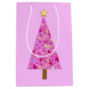 Sacola Para Presentes Média Árvore floral moderna de Natal magenta