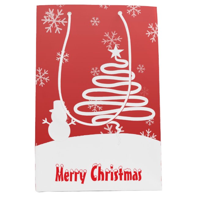 Sacola Para Presentes Média Árvore Snowman de inverno Branco (Frente)