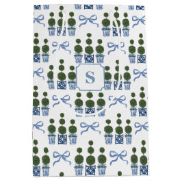 Sacola Para Presentes Média Árvore Topiária Chinoiserie com Laço Azul