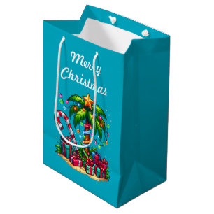 Sacola Para Presentes Média Árvore Tropical de Palma Feliz Natal