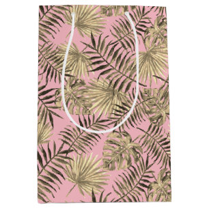 Sacola Para Presentes Média Árvore Tropical Palm deixa padrão rosa Dourado