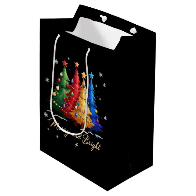 Sacola Para Presentes Média Árvores Alegre e Brilhante Presente de Natal Festa (Frente inclinada)