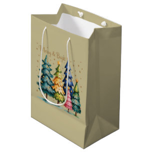 Sacola Para Presentes Média Árvores de Natal aquarela de Natal Árvore Rosa 