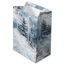 Sacola Para Presentes Média Árvores de Natal Azuis Brancas Neve de inverno