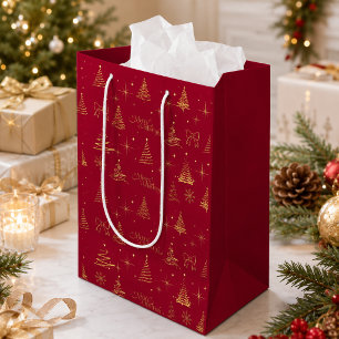 Sacola Para Presentes Média Árvores de Natal Clássicas Elegantes em Dourado Ra