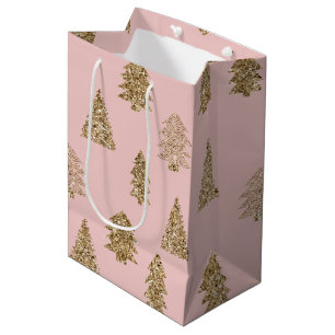 Sacola Para Presentes Média Árvores de Natal de Glama Dourada Rosa-Rosa-Blush