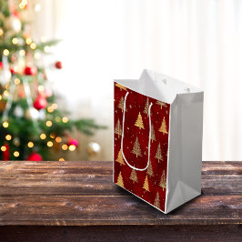 Sacola Para Presentes Média Árvores de Natal Douradas Festivas em Vermelho