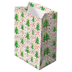 Sacola Para Presentes Média Árvores de Natal e Flocos de Neve Dourados