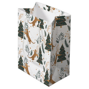 Sacola Para Presentes Média Árvores de Natal e tigres padrão de backgrous pers