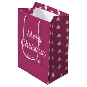 Sacola Para Presentes Média Árvores de Natal Feliz, Cor-de-rosa Profundo e Cor