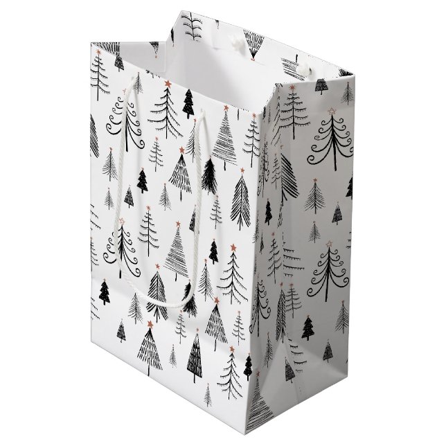 Sacola Para Presentes Média Árvores de Natal Pretas e Brancas (Frente inclinada)
