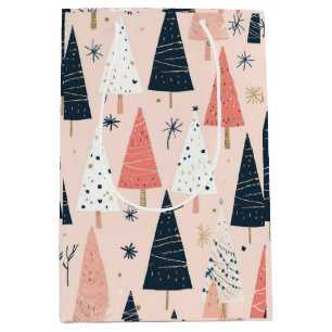 Sacola Para Presentes Média Árvores de Natal Rosa Branco Preto