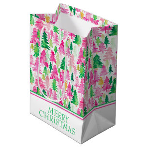 Sacola Para Presentes Média Árvores de Natal rosa e verde pré-desidratadas