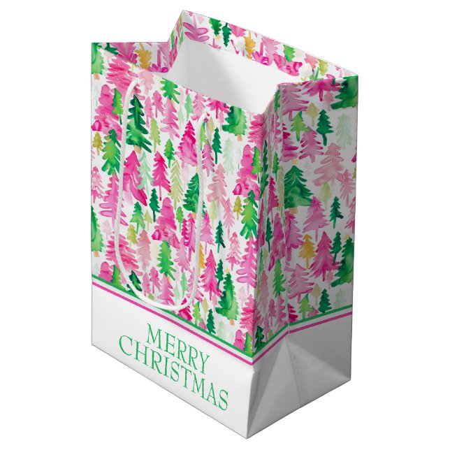 Sacola Para Presentes Média Árvores de Natal rosa e verde pré-desidratadas (Frente inclinada)