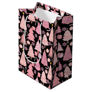 Sacola Para Presentes Média Árvores de Natal Rosa Padrão Preto BG