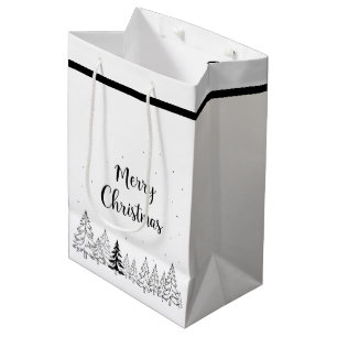 Sacola Para Presentes Média Árvores e estrelas simples de Natal preto