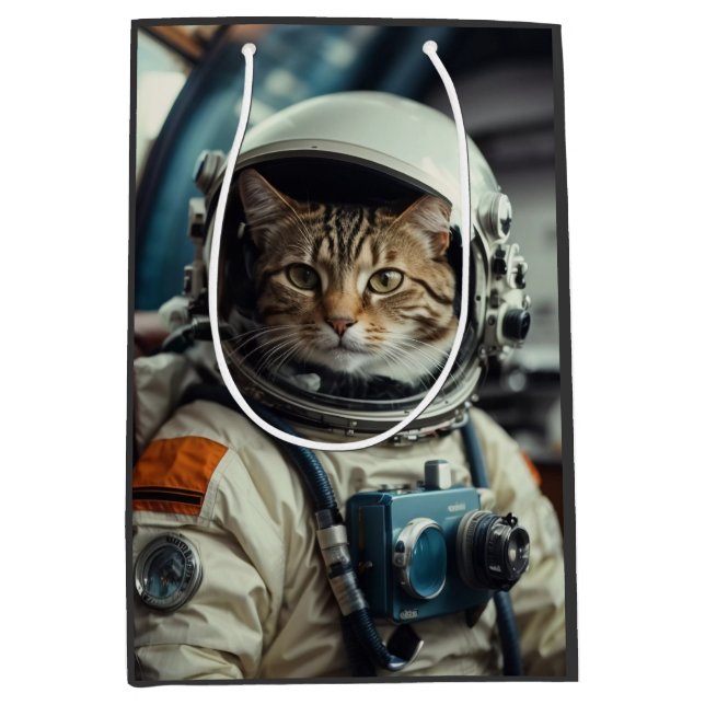 Sacola Para Presentes Média Astronauta de Gato cinza no Espaço Exterior (Frente)