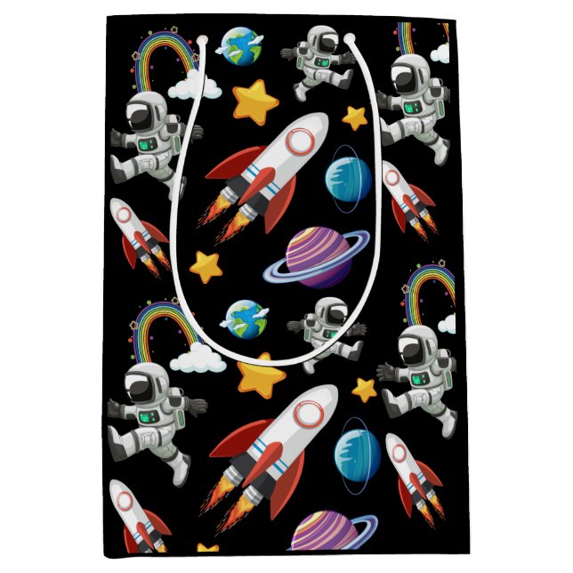 Sacola Para Presentes Média Astronauta Espacial Primeiro Convite de aniversári (Frente)