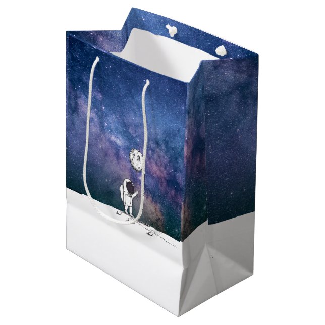 Sacola Para Presentes Média Astronauta no espaço com balão da lua cosmos estre (Frente inclinada)