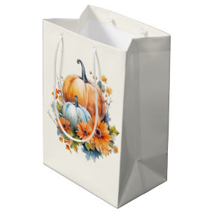 Sacola Para Presentes Média Autumn Pumpkins com Flores e Folhagem