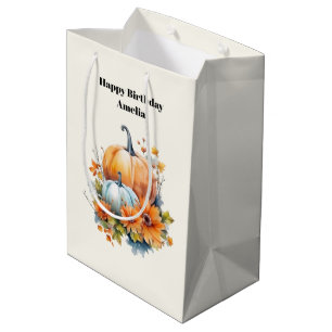 Sacola Para Presentes Média Autumn Pumpkins com Flores e Folhagem Aniversário
