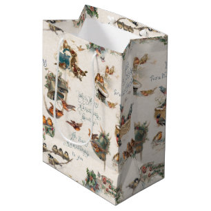 Sacola Para Presentes Média Aves e Cartões de natal de neve de safra