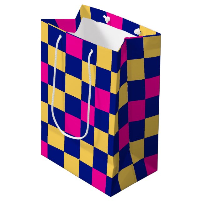 Sacola Para Presentes Média Azul Amarelo Rosa Xadrez Padrão Design  (Frente inclinada)