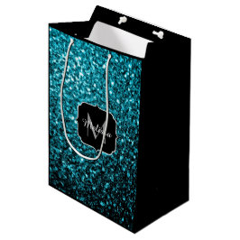 Sacola Para Presentes Média Azul aqua brilhante monograma falso brilho