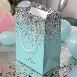 Sacola Para Presentes Média Azul Aqua Verde Teal Prata Glitter Monograma