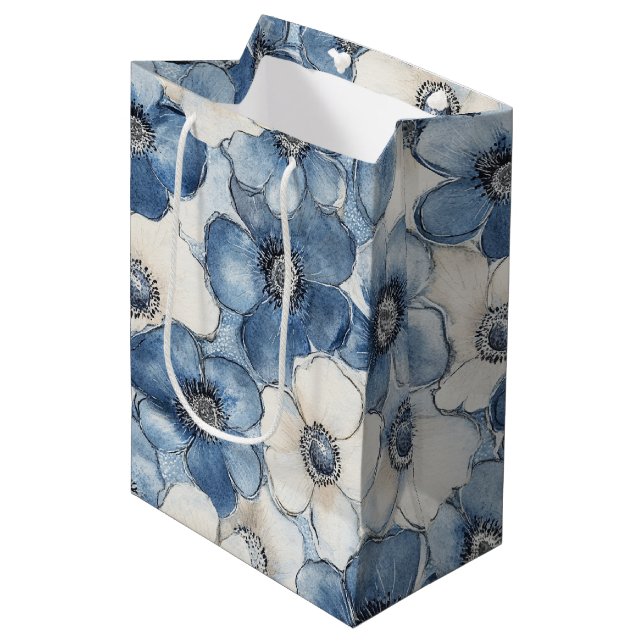 Sacola Para Presentes Média Azul Branco Denim Flores Aniversário (Frente inclinada)