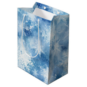 Sacola Para Presentes Média Azul com Flocos de Neve Estilo Aquarela