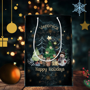 Sacola Para Presentes Média Azul de Natal para Animais da Floresta