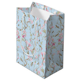 Sacola Para Presentes Média Azul e Rosa Chinoiserie Botânica Pássaros e Flor