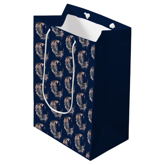 Sacola Para Presentes Média Azul e Rosa Dourado Padrão de Lua Crescente Hallow (Frente inclinada)