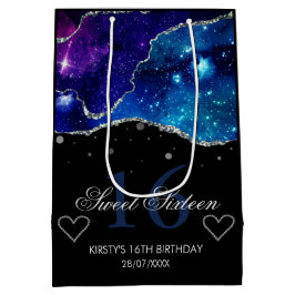 Sacola Para Presentes Média Azul e Roxo Brilho Prateado Galáxia Ágata Doce 16