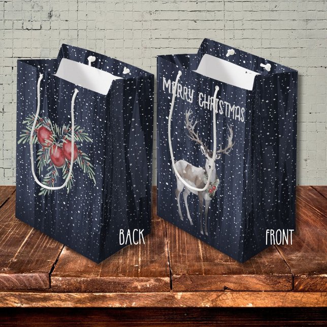 Sacola Para Presentes Média Azul Elegante e Cinza Neves Reindee Natal (Criador carregado)