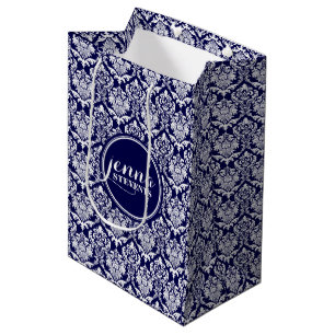 Sacola Para Presentes Média Azul Escuro e Azul Branco Monograma Damáscaras 3