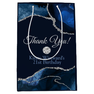 Sacola Para Presentes Média Azul Marinho Brilho Prata Ágata Aniversário Obriga