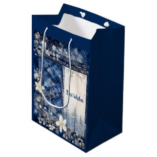 Sacola Para Presentes Média Azul marinho e Branco Belo Natal Floral