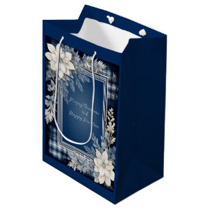 Sacola Para Presentes Média Azul marinho e Branco Belo Natal Floral