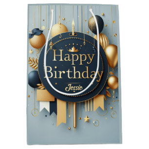Sacola Para Presentes Média Azul Marinho e Coroa Real Dourada Feliz Aniversári