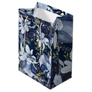 Sacola Para Presentes Média Azul Marinho e Dourado Floral Aquarelado Moderno e