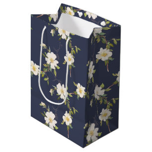 Sacola Para Presentes Média Azul Marinho Floral Branco
