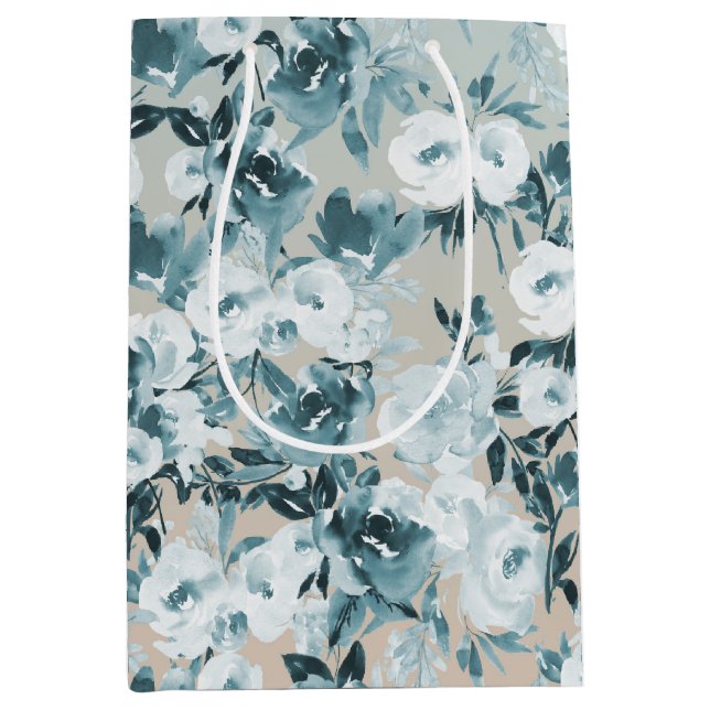 Sacola Para Presentes Média Azul Pêssego Branco Floral (Frente)
