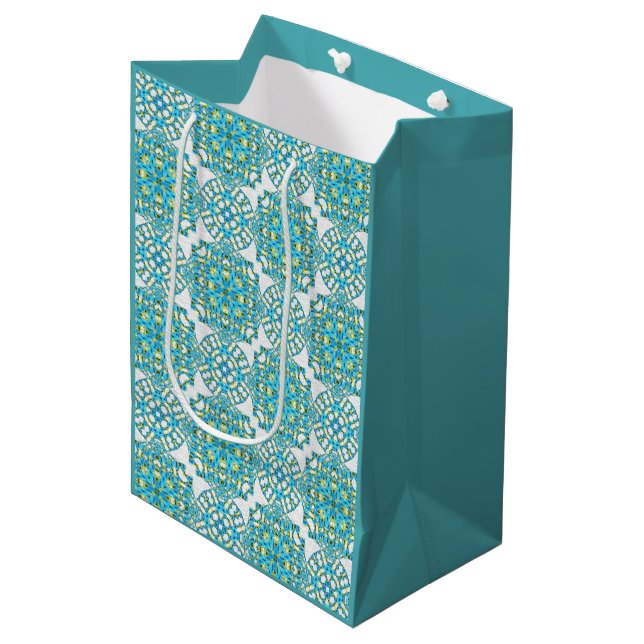 Sacola Para Presentes Média Azul Teal MVB e renda amarela (Frente inclinada)