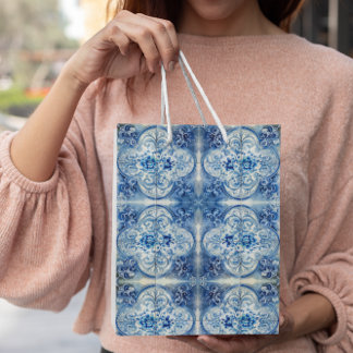 Sacola Para Presentes Média Azulejo Antigo em Azul Delft