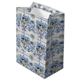 Sacola Para Presentes Média Azulejo italiano Chá de panela azul e branco Flora